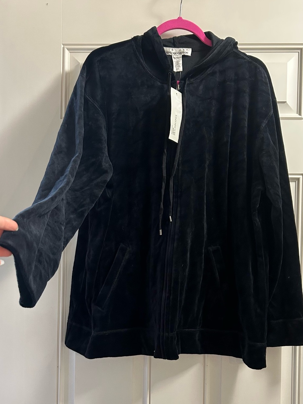 Jones New York Black Velour Hoodie with Drawstring